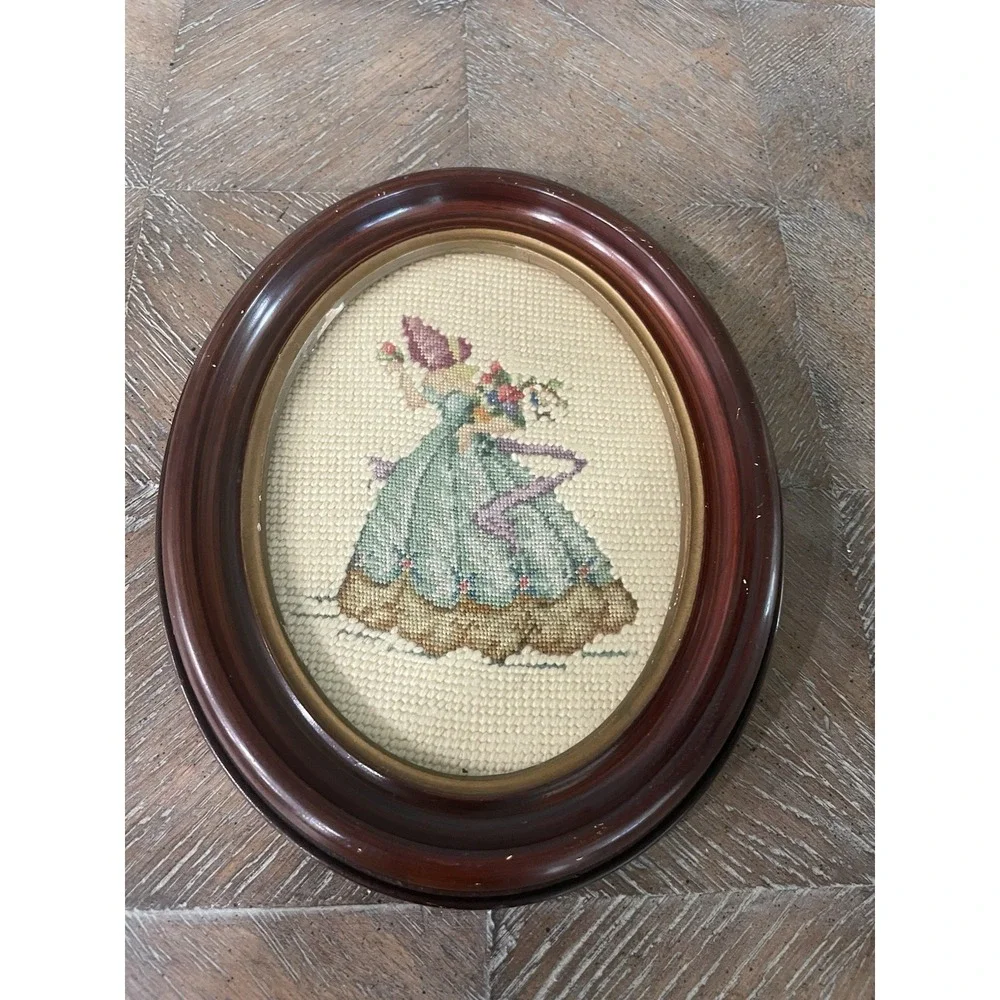 Antique Oval Picture Frame  Needlepoint Petit Point Victorian Woman Gallery Wall